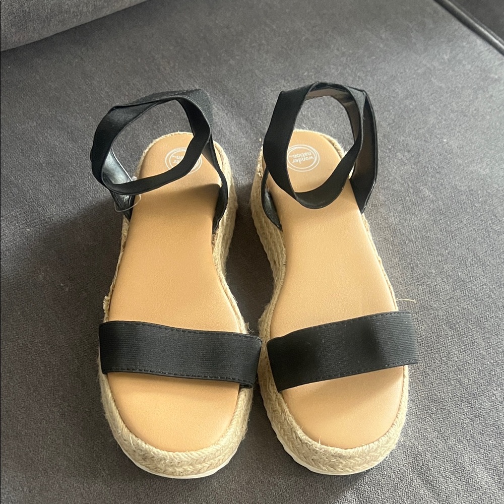 wonder nation Black Espadrille-Style Platform Sandals with Ankle Wrap